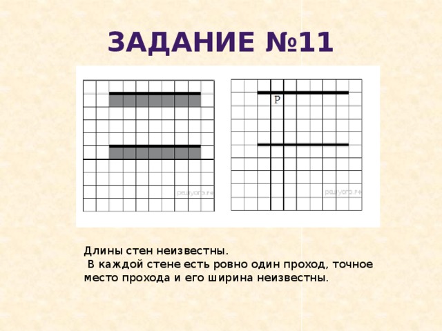 Задание №11 Длины стен неизвестны.  В каждой стене есть ровно один проход, точное место прохода и его ширина неизвестны. 
