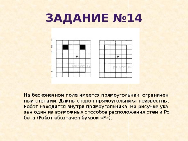 Задание №14 На бес­ко­неч­ном поле име­ет­ся пря­мо­уголь­ник, огра­ни­чен­ный сте­на­ми. Длины сто­рон пря­мо­уголь­ни­ка не­из­вест­ны. Робот на­хо­дит­ся внут­ри пря­мо­уголь­ни­ка. На ри­сун­ке ука­зан один из воз­мож­ных спо­со­бов рас­по­ло­же­ния стен и Ро­бо­та (Робот обо­зна­чен бук­вой «Р»). 
