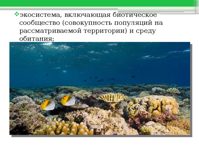 экосистема, включающая биотическое сообщество (совокупность популяций на рассматриваемой территории) и среду обитания; 