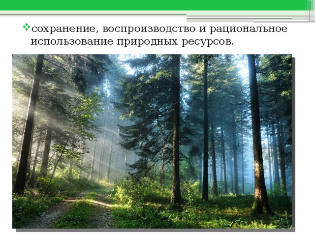 сохранение, воспроизводство и рациональное использование природных ресурсов. 