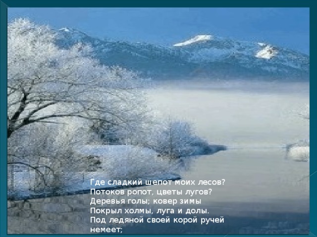 Где сладкий шепот моих лесов?  Потоков ропот, цветы лугов?  Деревья голы; ковер зимы  Покрыл холмы, луга и долы.  Под ледяной своей корой ручей немеет; 