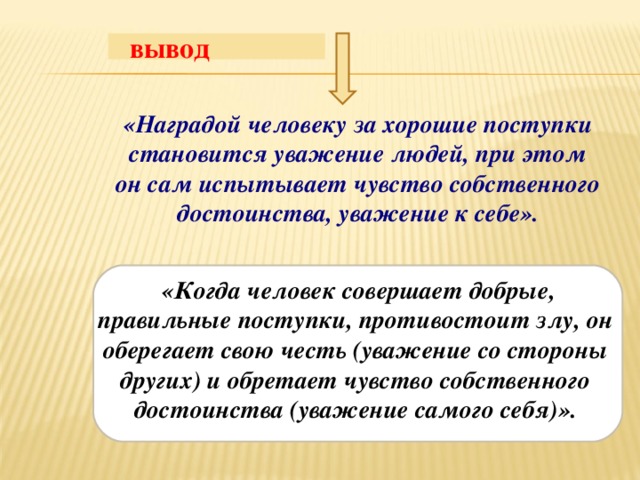 вывод «Наградой человеку за хорошие поступки становится уважение людей, при этом он сам испытывает чувство собственного достоинства, уважение к себе».  «Когда человек совершает добрые, правильные поступки, противостоит злу, он оберегает свою честь (уважение со стороны других) и обретает чувство собственного достоинства (уважение самого себя)».
