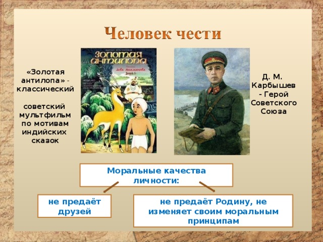 «Золотая антилопа»  - классический  советский  мультфильм   по мотивам  индийских  сказок Д. М. Карбышев - Герой Советского Союза Моральные качества личности: не предаёт Родину, не изменяет своим моральным принципам не предаёт друзей