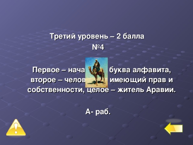  Третий уровень – 2 балла № 4   Первое – начальная буква алфавита, второе – человек, не имеющий прав и собственности, целое – житель Аравии.  А- раб.  