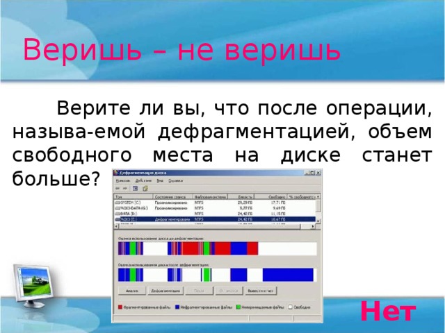 Веришь – не веришь  Верите ли вы, что после операции, называ-емой дефрагментацией, объем свободного места на диске станет больше? Нет 