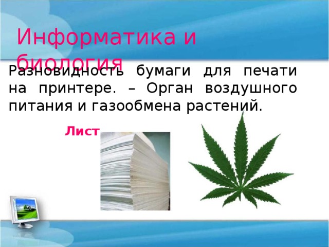 Информатика и биология Разновидность бумаги для печати на принтере. – Орган воздушного питания и газообмена растений. Лист 