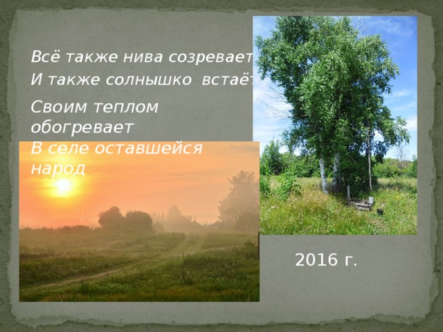 Всё также нива созревает, И также солнышко встаёт. Своим теплом обогревает В селе оставшейся народ 2016 г. 