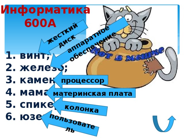 жесткий диск пользователь аппаратное обеспечение колонка  Информатика  600А 1. винт;  2. железо;  3. камень;  4. мама;  5. спикер;  6. юзер. процессор материнская плата 