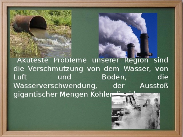 Akuteste Probleme unserer Region sind die Verschmutzung von dem Wasser, von Luft und Boden, die Wasserverschwendung, der Ausstoß gigantischer Mengen Kohlendioxid. 