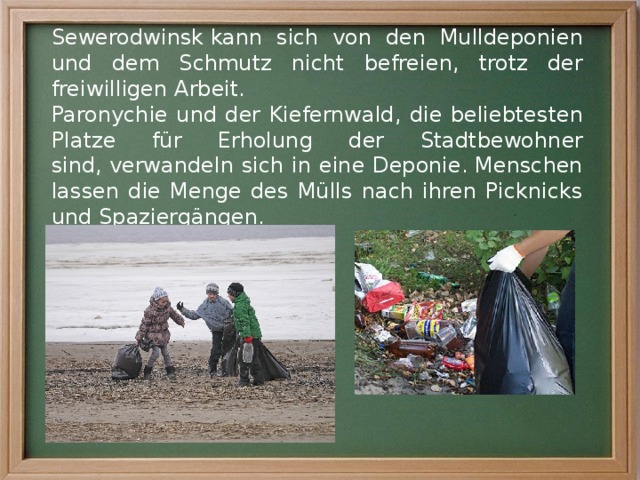 Sewerodwinsk kann sich von den Mulldeponien und dem Schmutz nicht befreien, trotz der freiwilligen Arbeit. Paronychie und der Kiefernwald, die beliebtesten Platze für Erholung der Stadtbewohner sind, verwandeln sich in eine Deponie. Menschen lassen die Menge des Mülls nach ihren Picknicks und Spaziergängen. 