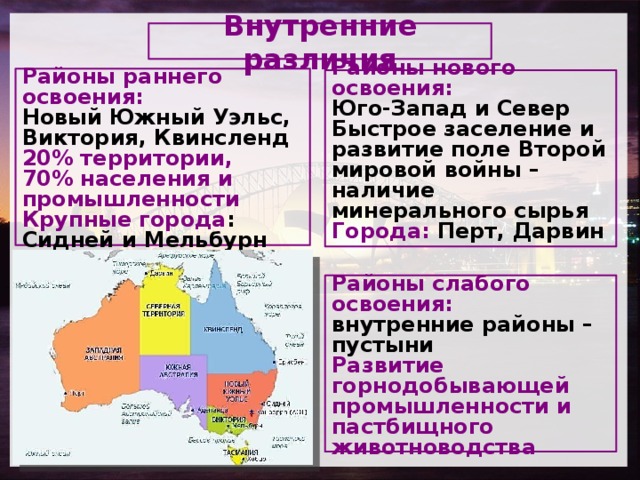 Внутренние различия  Районы раннего освоения: Новый Южный Уэльс, Виктория, Квинсленд 20% территории, 70% населения и промышленности Крупные города : Сидней и Мельбурн   Районы нового освоения: Юго-Запад и Север Быстрое заселение и развитие поле Второй мировой войны – наличие минерального сырья Города: Перт, Дарвин      Районы слабого освоения: внутренние районы – пустыни Развитие горнодобывающей промышленности и пастбищного животноводства    