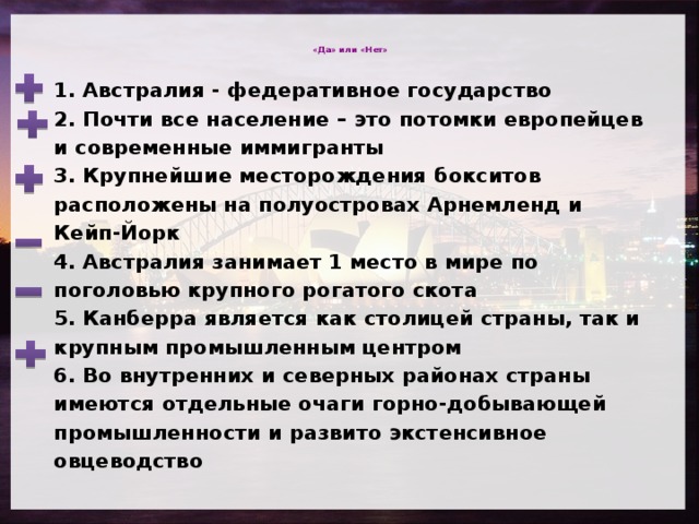  «Да» или «Нет»   1. Австралия - федеративное государство 2. Почти все население – это потомки европейцев и современные иммигранты 3. Крупнейшие месторождения бокситов расположены на полуостровах Арнемленд и Кейп-Йорк 4. Австралия занимает 1 место в мире по поголовью крупного рогатого скота 5. Канберра является как столицей страны, так и крупным промышленным центром 6. Во внутренних и северных районах страны имеются отдельные очаги горно-добывающей промышленности и развито экстенсивное овцеводство 