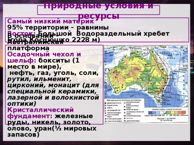 Природные условия и ресурсы  Самый низкий материк 95% территории – равнины Восток: Большой Водораздельный хребет (гора Косцюшко 2228 м)     В основании – Австралийская платформа Осадочный чехол и шельф: бокситы (1 место в мире),  нефть, газ, уголь, соли, рутил, ильменит, цирконий, монацит (для специальной керамики, лазерной и волокнистой оптики) Кристаллический фундамент: железные руды, никель, золото, олово, уран(⅓ мировых запасов)    