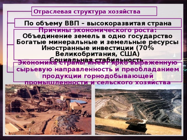 Отраслевая структура хозяйства  По объему ВВП – высокоразвитая страна     Причины экономического роста: Объединение земель в одно государство Богатые минеральные и земельные ресурсы Иностранные инвестиции (70% Великобритания, США) Социальная стабильность    Экономика страны имеет ярко выраженную сырьевую направленность и преобладанием продукции горнодобывающей промышленности и сельского хозяйства 