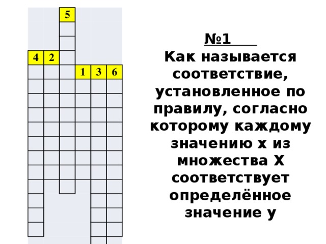 5 4   2                 1             3       6                                                                                         № 1 Как называется соответствие, установленное по правилу, согласно которому каждому значению х из множества Х соответствует определённое значение у 