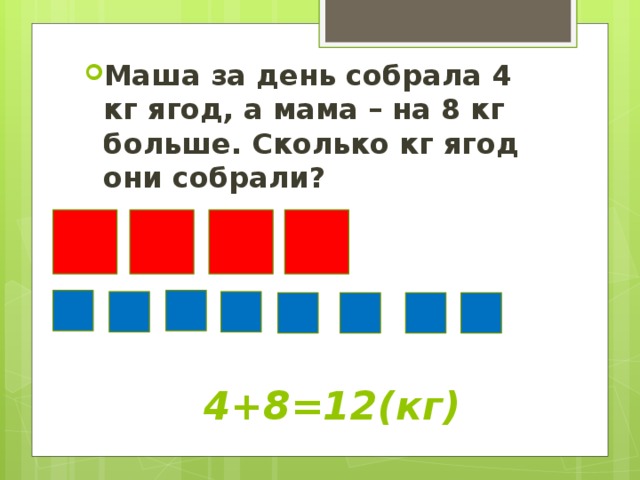 Маша за день собрала 4 кг ягод, а мама – на 8 кг больше. Сколько кг ягод они собрали? 4+8=12(кг) 