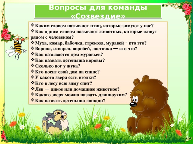 Вопросы для команды «Созвездие» Каким словом называют птиц, которые зимуют у нас? Как одним словом называют животных, которые живут рядом с человеком? Муха, комар, бабочка, стрекоза, муравей – кто это? Ворона, скворец, воробей, ласточка — кто это? Как называется дом муравьев? Как назвать детеныша коровы? Сколько ног у жука? Кто носит свой дом на спине? У какого зверя есть иголки? Кто в лесу всю зиму спит? Лев — дикое или домашнее животное? Какого зверя можно назвать длинноухим? Как назвать детеныша лошади? 