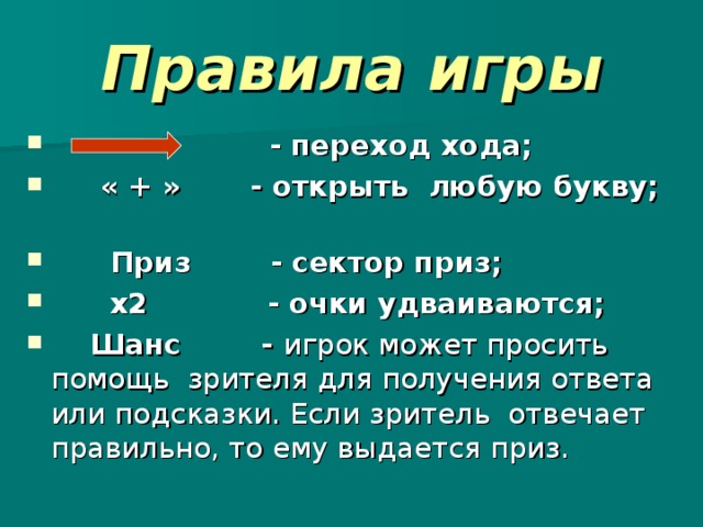 Правила игры  - переход хода;  « + » - открыть любую букву;  Приз - сектор приз;  х2 - очки удваиваются;  Шанс - игрок может просить помощь зрителя для получения ответа или подсказки. Если зритель отвечает правильно, то ему выдается приз.   