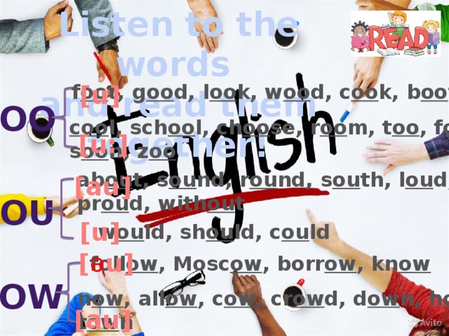 Listen to the words and read them together! [u] f oo t, g oo d, l oo k, w oo d, c oo k, b oo t oo coo l, sch oo l, ch oo se, r oo m, t oo , f oo d, s oo n, z oo [u:] ab ou t, s ou nd, r ou nd, s ou th, l ou d, pr ou d, with ou t [au] ou [u] w ou ld, sh ou ld, c ou ld [ ə u] foll ow , Mosc ow , borr ow , kn ow ow n ow , all ow , c ow , cr ow d, d ow n, h ow , t ow n [au] 