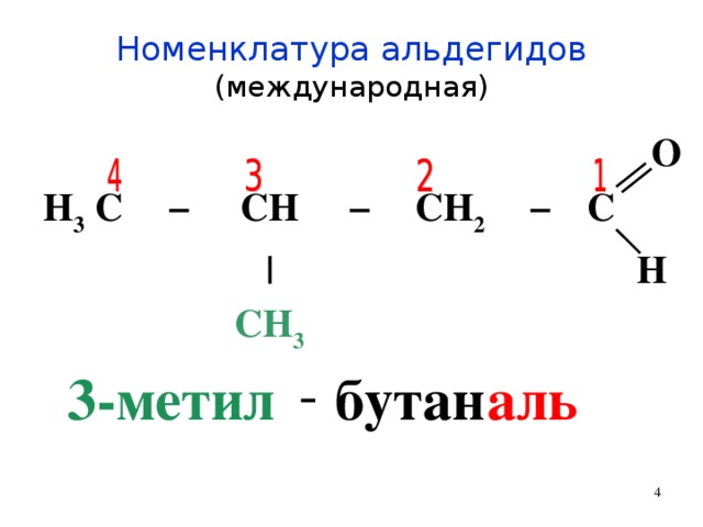 Номенклатура альдегидов  (международная) H 3 C − CH − | CH 3 CH 2 − C O H - 3-метил бутан аль  