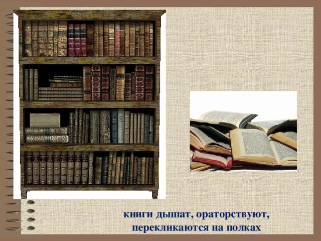 книги дышат, ораторствуют, перекликаются на полках 