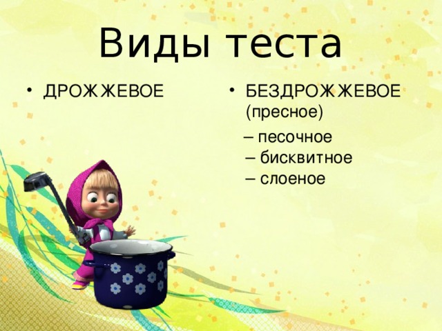 Виды теста ДРОЖЖЕВОЕ БЕЗДРОЖЖЕВОЕ  (пресное) – песочное  – бисквитное  – слоеное    