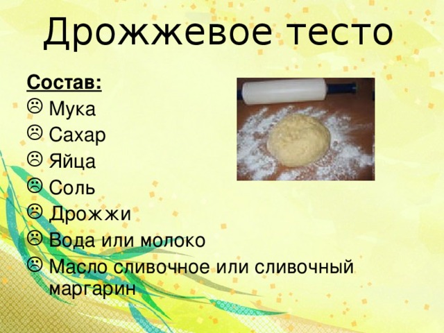 Дрожжевое тесто Состав: Мука Сахар Яйца Соль Дрожжи Вода или молоко Масло сливочное или сливочный маргарин  