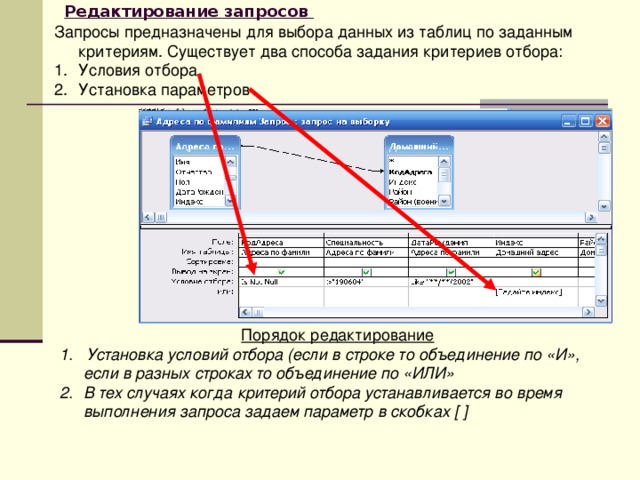 Редактирование запросов    Запросы предназначены для выбора данных из таблиц по заданным критериям. Существует два способа задания критериев отбора: Условия отбора Установка параметров  Порядок редактирование  Установка условий отбора (если в строке то объединение по «И», если в разных строках то объединение по «ИЛИ» В тех случаях когда критерий отбора устанавливается во время выполнения запроса задаем параметр в скобках [ ] 