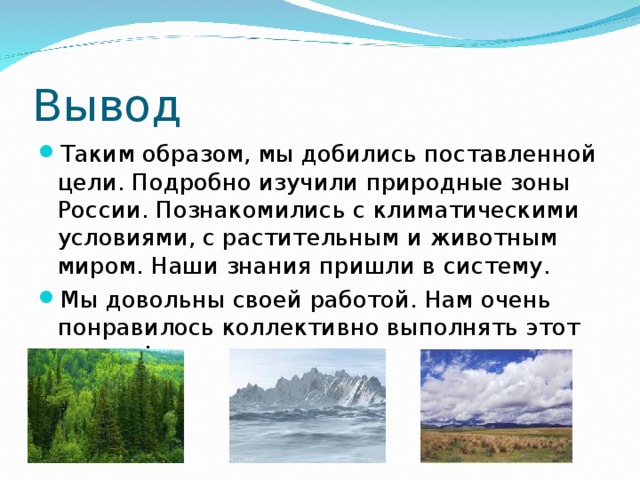 Вывод Таким образом, мы добились поставленной цели. Подробно изучили природные зоны России. Познакомились с климатическими условиями, с растительным и животным миром. Наши знания пришли в систему. Мы довольны своей работой. Нам очень понравилось коллективно выполнять этот проект! 
