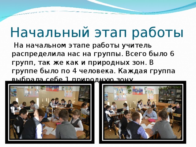 Начальный этап работы  На начальном этапе работы учитель распределила нас на группы. Всего было 6 групп, так же как и природных зон. В группе было по 4 человека. Каждая группа выбрала себе 1 природную зону. 