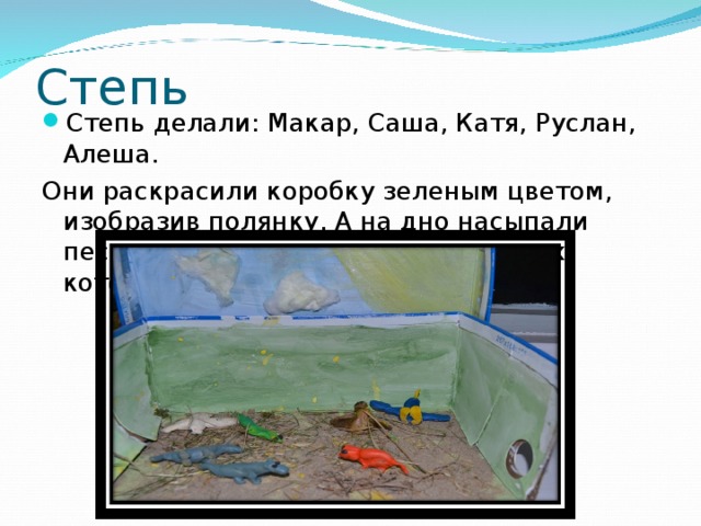 Степь Степь делали: Макар, Саша, Катя, Руслан, Алеша. Они раскрасили коробку зеленым цветом, изобразив полянку. А на дно насыпали песка и посадили степных животных, которых слепили из пластилина. 