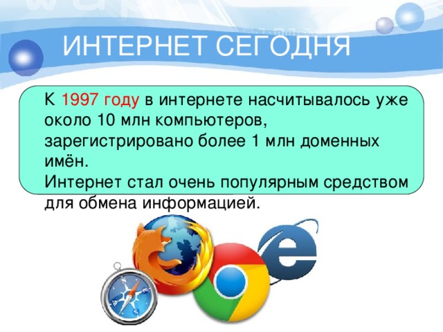 ИНТЕРНЕТ СЕГОДНЯ К  1997 году  в интернете насчитывалось уже около 10 млн компьютеров, зарегистрировано более 1 млн доменных имён. Интернет стал очень популярным средством для обмена информацией. 