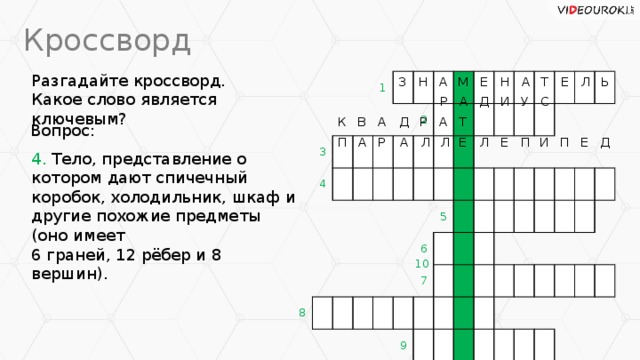 Кроссворд Разгадайте кроссворд. Какое слово является ключевым? Л З Ь Е Т А Н Е М А Н 3 1 4 2 8 6 5 7 9 У И Д А Р С Т К Д А В Р А Вопрос: Е Е И Д П П Е Л Л Л А Р А П 4. Тело, представление о котором дают спичечный коробок, холодильник, шкаф и другие похожие предметы (оно имеет  6 граней, 12 рёбер и 8 вершин). 10