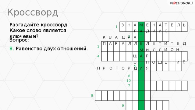 Кроссворд Разгадайте кроссворд. Какое слово является ключевым? Л Н З Ь Е Т А Е М А Н 3 1 4 8 2 5 6 7 9 С И Д А Р У Т Д Р А В К А Вопрос: Е Е И Д П Л П П А Р А Е Л Л 8. Равенство двух отношений. И Н О Л Л И М Ш А Р Е Е И Ш О Н Т О Н И Р Я Ц О О П Р П 10