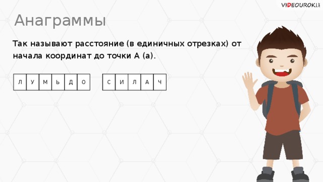 Анаграммы Так называют расстояние (в единичных отрезках) от начала координат до точки А (а). Л У М Ь Д О С И Л А Ч