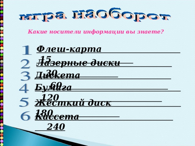 Какие носители информации вы знаете? Флеш-карта 15 Лазерные диски 30 Дискета 60 Бумага 120 Жесткий диск 180 Кассета 240 