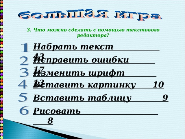 3. Что можно сделать с помощью текстового редактора? Набрать текст 43 Исправить ошибки 17 Изменить шрифт 13 Вставить картинку 10 Вставить таблицу 9 Рисовать 8 