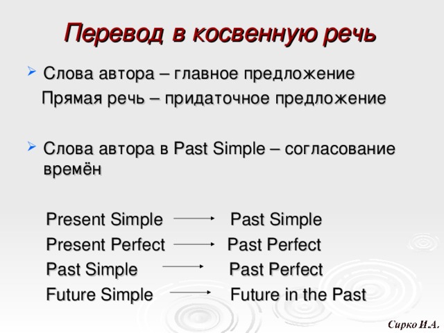 Перевод в косвенную речь  Слова автора – главное предложение  Прямая речь – придаточное предложение Слова автора в Past Simple – согласование времён   Present Simple Past Simple  Present Perfect Past Perfect  Past Simple Past Perfect  Future Simple Future in the Past 