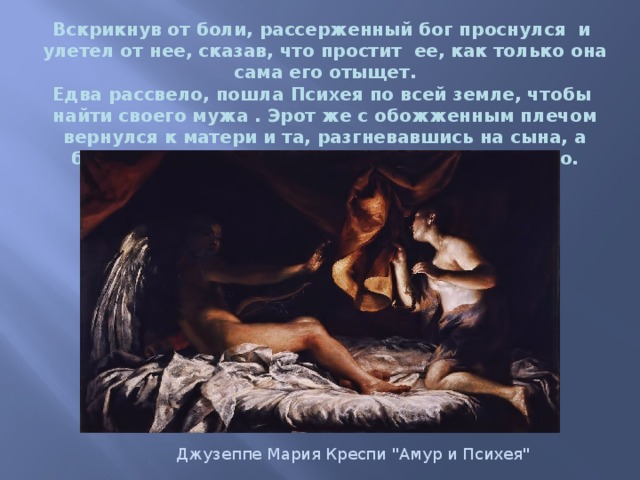 Вскрикнув от боли, рассерженный бог проснулся  и  улетел от нее, сказав, что простит  ее, как только она сама его отыщет. Едва рассвело, пошла Психея по всей земле, чтобы  найти своего мужа . Эрот же с обожженным плечом вернулся к матери и та, разгневавшись на сына, а более всего на Психею, стала  лечить его плечо. Джузеппе Мария Креспи 