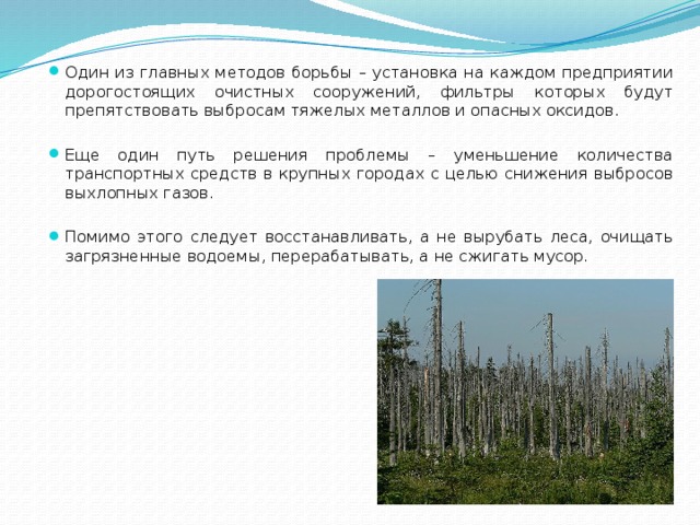 Один из главных методов борьбы – установка на каждом предприятии дорогостоящих очистных сооружений, фильтры которых будут препятствовать выбросам тяжелых металлов и опасных оксидов. Еще один путь решения проблемы – уменьшение количества транспортных средств в крупных городах с целью снижения выбросов выхлопных газов. Помимо этого следует восстанавливать, а не вырубать леса, очищать загрязненные водоемы, перерабатывать, а не сжигать мусор. 
