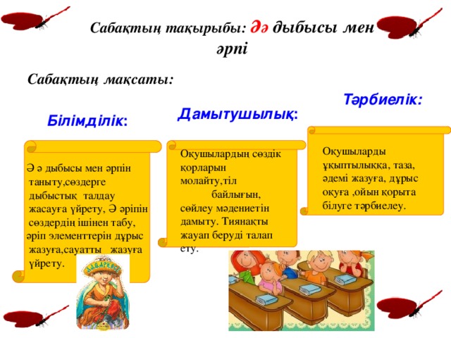 Сабақтың тақырыбы: Әә дыбысы мен әрпі Сабақтың мақсаты: Тәрбиелік: Дамытушылық : Білімділік :  Ә ә дыбысы мен әрпін   таныту,сөздерге   дыбыстық талдау    жасауға үйрету, Ә әріпін  сөздердің ішінен табу, әріп элементтерін дұрыс  жазуға,сауатты жазуға  үйрету. Оқушыларды ұқыптылыққа, таза, әдемі жазуға, дұрыс оқуға ,ойын қорыта білуге тәрбиелеу. Оқушылардың сөздік қорларын молайту,тіл байлығын, сөйлеу мәдениетін дамыту. Тиянақты жауап беруді талап ету.   