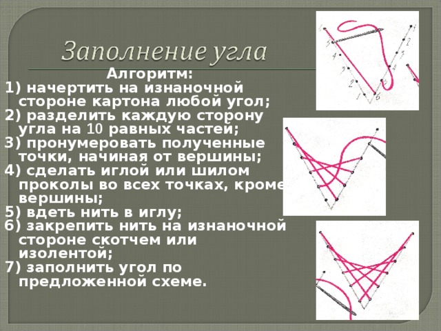  Алгоритм: 1) начертить на изнаночной стороне картона любой угол; 2) разделить каждую сторону угла на 10 равных частей; 3) пронумеровать полученные точки, начиная от вершины; 4) сделать иглой или шилом проколы во всех точках, кроме вершины; 5) вдеть нить в иглу; 6) закрепить нить на изнаночной стороне скотчем или изолентой; 7) заполнить угол по предложенной схеме.  