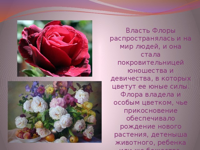 Власть Флоры распространялась и на мир людей, и она стала покровительницей юношества и девичества, в которых цветут ее юные силы. Флора владела и особым цветком, чье прикосновение обеспечивало рождение нового растения, детеныша животного, ребенка или же божества.   