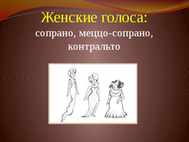 Женские голоса:  сопрано, меццо-сопрано, контральто        