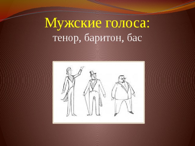 Мужские голоса:  тенор, баритон, бас   