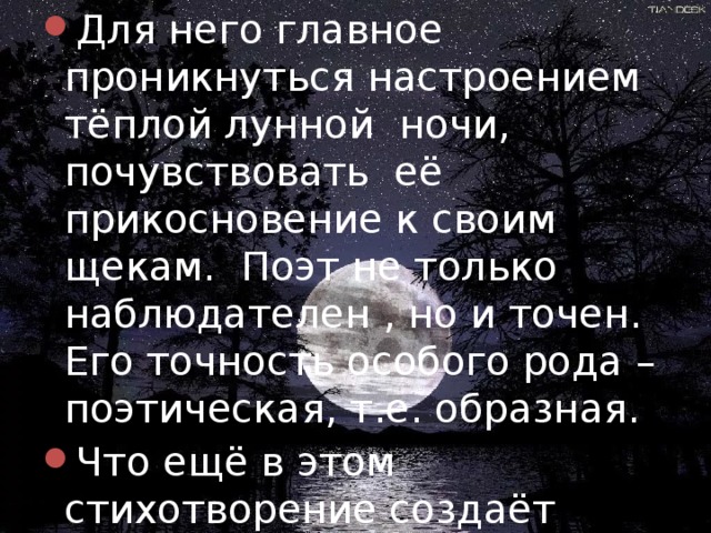 Для него главное проникнуться настроением тёплой лунной ночи, почувствовать её прикосновение к своим щекам. Поэт не только наблюдателен , но и точен. Его точность особого рода – поэтическая, т.е. образная. Что ещё в этом стихотворение создаёт такое настроение? Какие слова? 