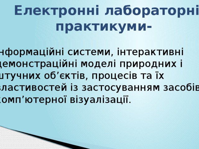  Електронні лабораторні  практикуми- інформаційні системи, інтерактивні демонстраційні моделі природних і штучних об’єктів, процесів та їх властивостей із застосуванням засобів комп’ютерної візуалізації. 