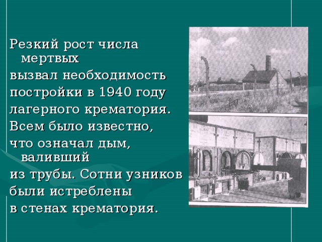 Резкий рост числа мертвых вызвал необходимость постройки в 1940 году лагерного крематория. Всем было известно, что означал дым, валивший из трубы. Сотни узников были истреблены в стенах крематория. 