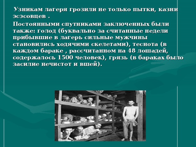  Узникам лагеря грозили не только пытки, казни эсэсовцев .  Постоянными спутниками заключенных были также: голод (буквально за считанные недели прибывшие в лагерь сильные мужчины становились ходячими скелетами), теснота (в каждом бараке , рассчитанном на 48 лошадей, содержалось 1500 человек), грязь (в бараках было засилие нечистот и вшей). 