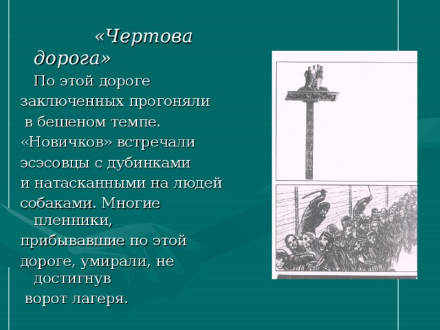  «Чертова дорога»  По этой дороге заключенных прогоняли  в бешеном темпе. «Новичков» встречали эсэсовцы с дубинками и натасканными на людей собаками. Многие пленники, прибывавшие по этой дороге, умирали, не достигнув  ворот лагеря. 